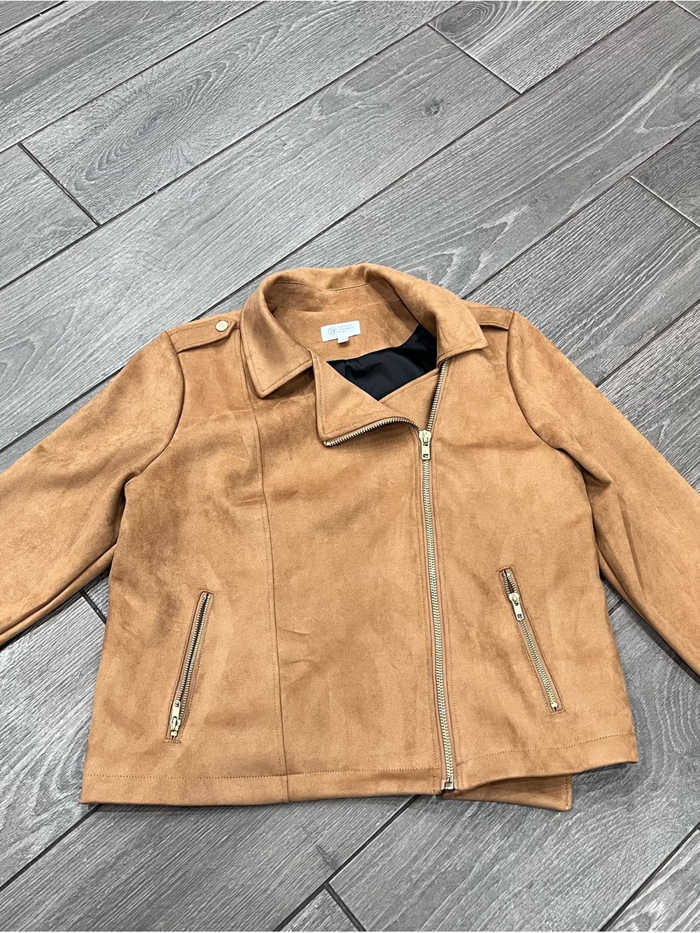Candace Cameron Bure Faux Suede Moto Jacket Tan Size L